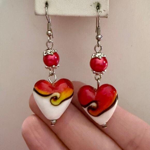 Handcrafted Jewelry - Swirly Red & White Artisan Heart Glass Beaded Drop Earrings